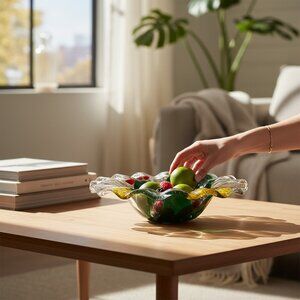 Unique Vintage Fused Art Glass Bowl Celebrating Desert Life, Cacti And Florals